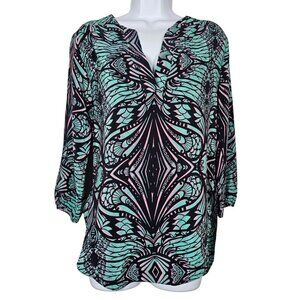 Amanda Uprichard Silk Abstract Paisley Tunic Top 3/4 Sleeve Split Neck Small